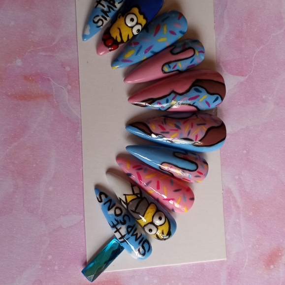 The Simpsons pink and blue doughnut  luxury Press On Nails CHEY01 - Picture 4 of 4